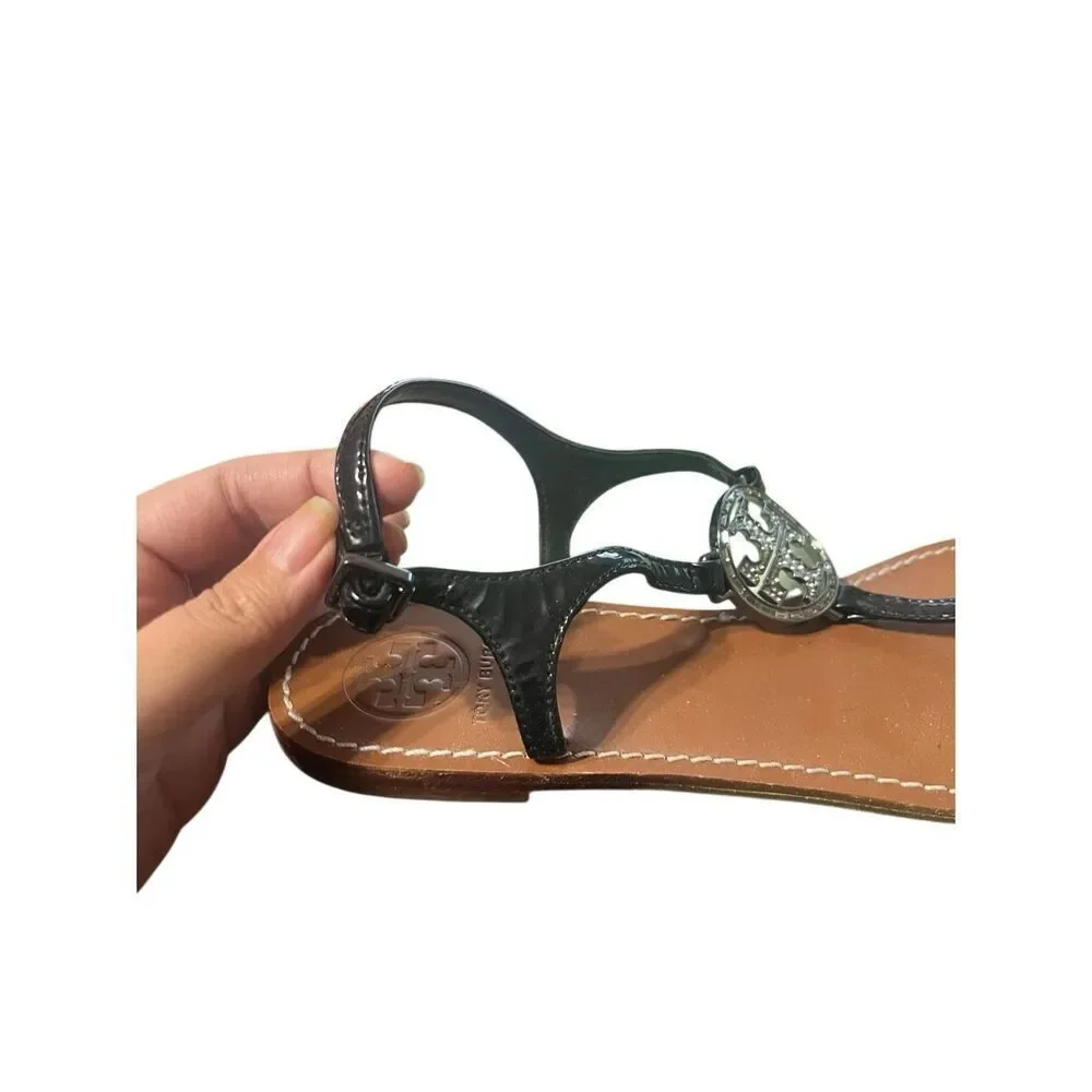 Tory Burch Violet Sandal Shoe sz 9.5 T-Strap Black Leather Rhinestone